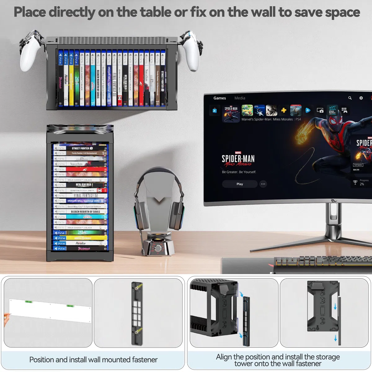 Supporto a Torre per 20 Dischi Videogiochi con Support Controller, Organizer Parete per Switch 2/PS5/PS4/Xbox One/Series