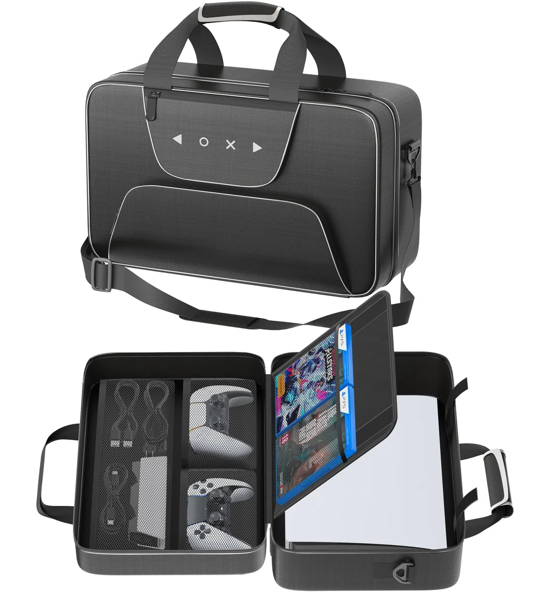 Custodia da Trasporto con P5/Slim/Pro Digitale e Disco, Capacità Maggiore Borsa PS 5 con Tracolla Rimovibile, Borsa da Viaggio Protettiva può P5 Console, Controller, PS Portal, Dischi (Bianco e Nero)