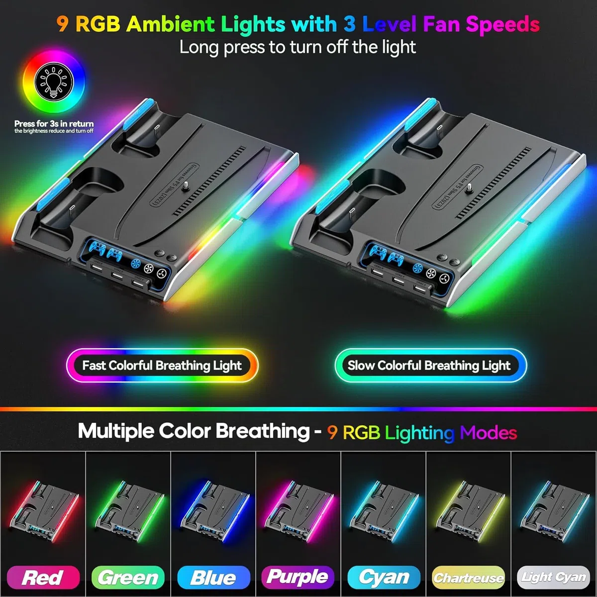 Supporto PS5 Slim con Ventola di Raffreddamento, Staffa per PS5, Base Ricarica Controller PS5, PS5 Accessori per PS5 Slim/P5 Digital Edition e Disc Edition