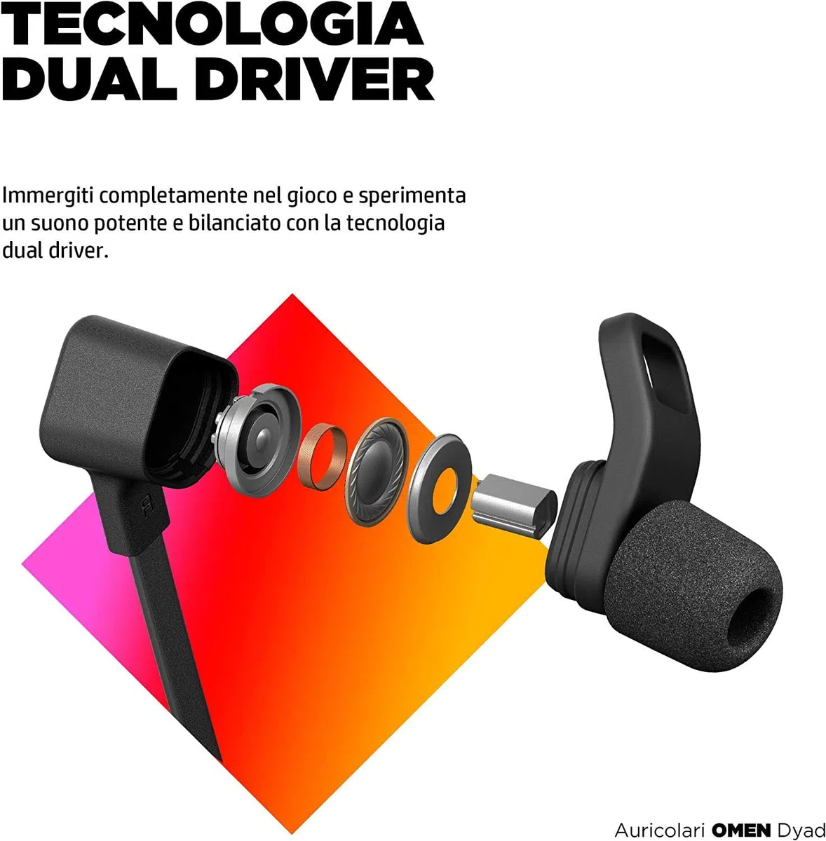 HP OMEN Dyad Earbuds, Auricolari con Jack da 3.5 mm, Tecnologia Doppio Driver, Copriauricolari Schiuma Comply, Microfono e Comandi Multimediali in Linea, Compatibile con PC, Xbox, PS4, Switch, Nero