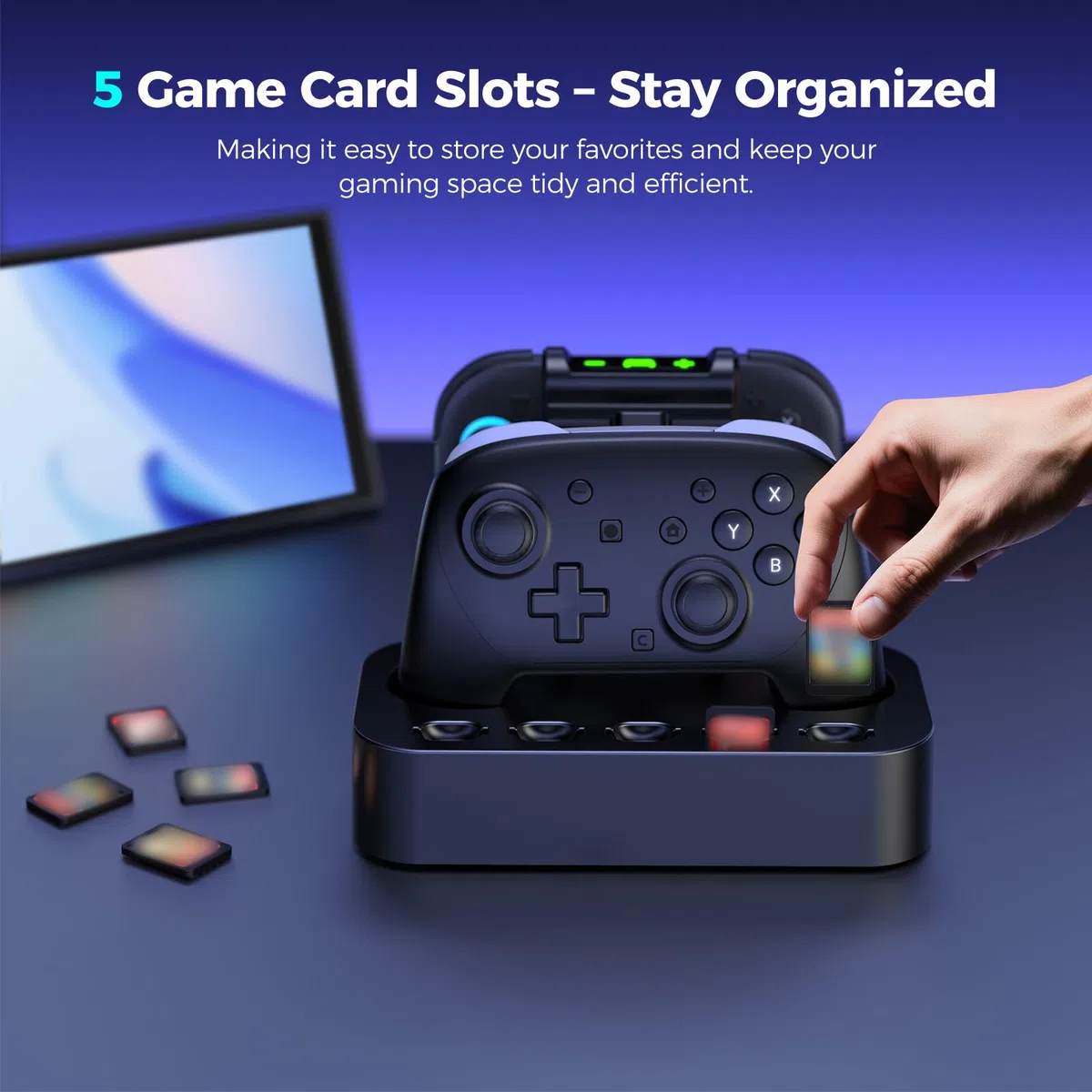 NEWDERY Stazione di ricarica controller per Nintendo Switch 2, stazione di ricarica magnetica rapida Joy con 5 giochi di stoccaggio spazio e indicatore LED, base antiscivolo