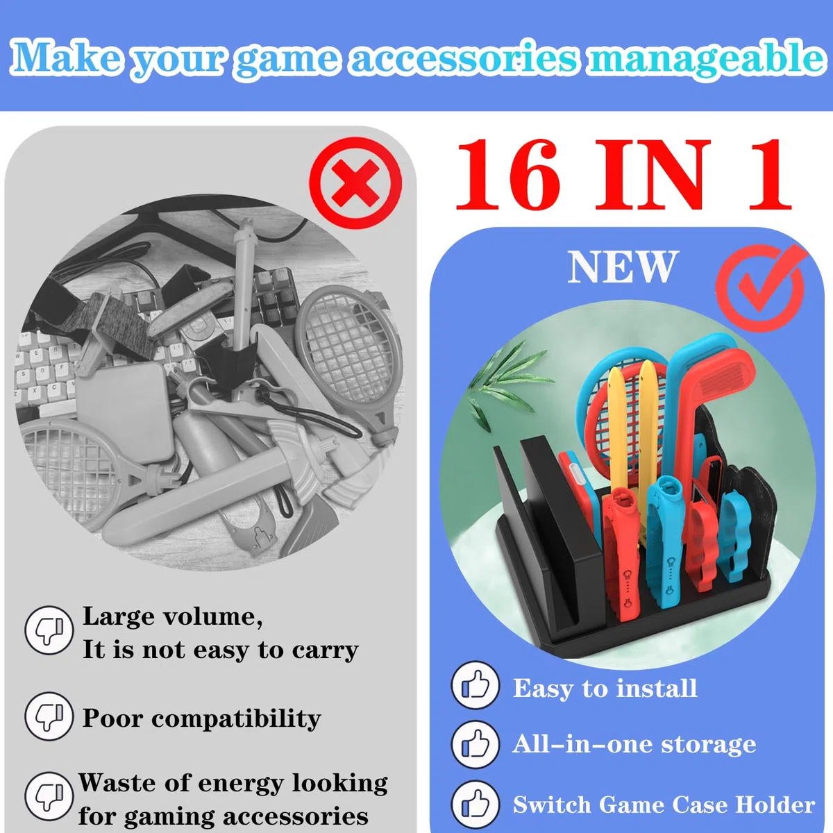 OLDZHU Set di accessori sportivi 16 in 1 con organizer compatibile con Nintendo Switch & console OLED, 2024, per feste in famiglia, set di accessori per gioco