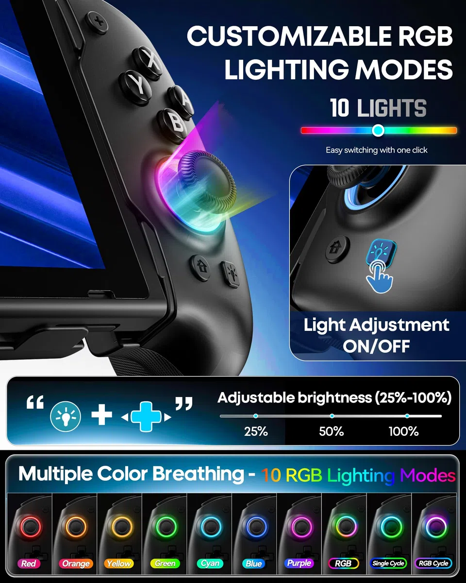 Controller per Switch 2/Switch/OLED con TMR Joystick, Monoblocco Estensibile Joypad Nintendo Switch, Gamepad Sostitutivo Switch Pro con Luci RGB, TURBO Regolabile, Vibrazione, Macro Programmabile