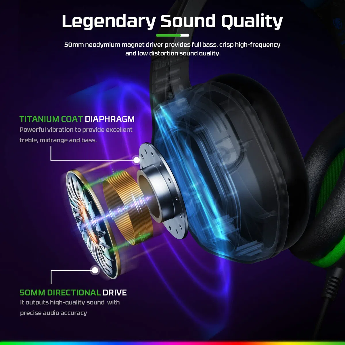 Fachixy FC-200 Cuffie da gioco pieghevoli con microfono ENC, 3,5 mm, RGB Nero Verde