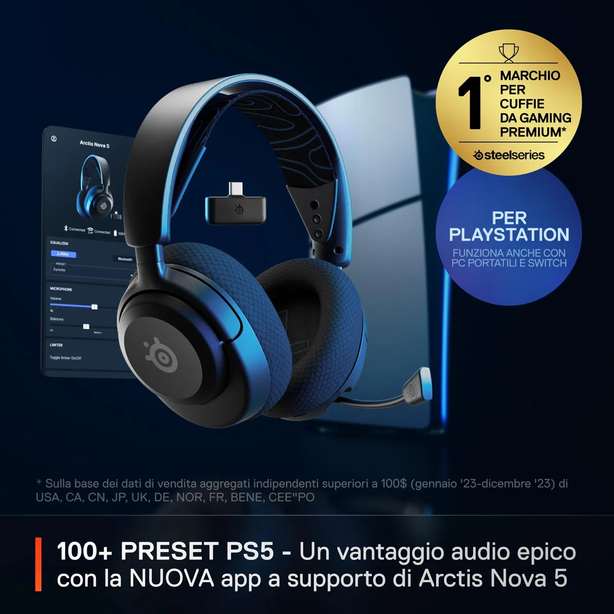 SteelSeries Arctis Nova 5P Cuffie Wireless PS5 Driver magnetici al neodimio Batteria 60 HR 2,4GHz BT Microfono ClearCast Gen2.X