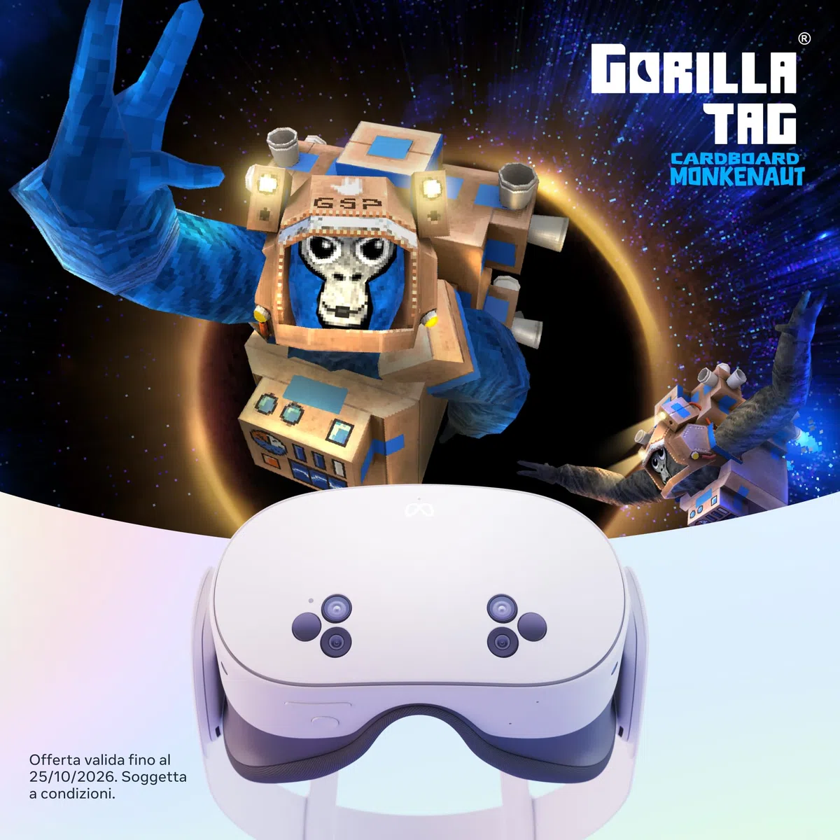 Meta Quest 3S 128 GB Visore Realtà Virtuale Senza Cavi Bundle Gorilla Tag Cardboard Monkenaut Esclusiva Amazon