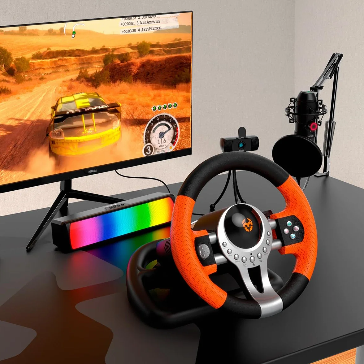 KROM K-Driver – Volante da corsa con pedali e vibrazioni, compatibile con PC, PS3, PS4 e Xbox One, con leva del cambio, levette e 12 pulsanti, connessione USB per giochi di guida