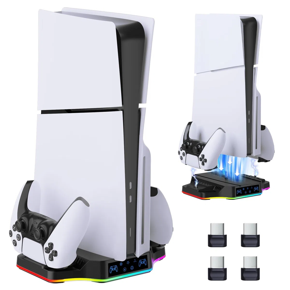 Supporto PS5 Slim con Ventola di Raffreddamento Compatibile con Playstation 5 Slim Console Disc & Digital, Stazione Ricarica Controller per PS5 e Edge, Accessori Base PS5 Slim con Luce RGB