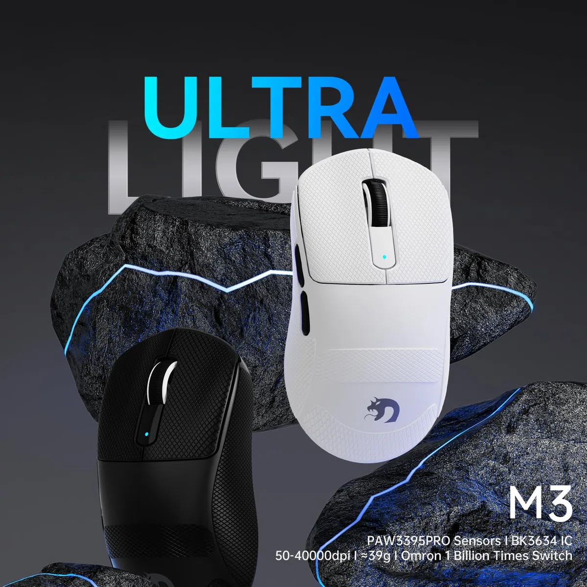 MAMBASNAKE M3 39g SUPERLIGHT Mouse, PixArt PAW3395PRO Gaming Sensor, BT/2.4G Wireless/Wired Gaming Mouse, 6 Adjustable DPI up to 40000, 200 Hrs Battery, Office Mice for Win11/Xbox/PS/Mac (Black)