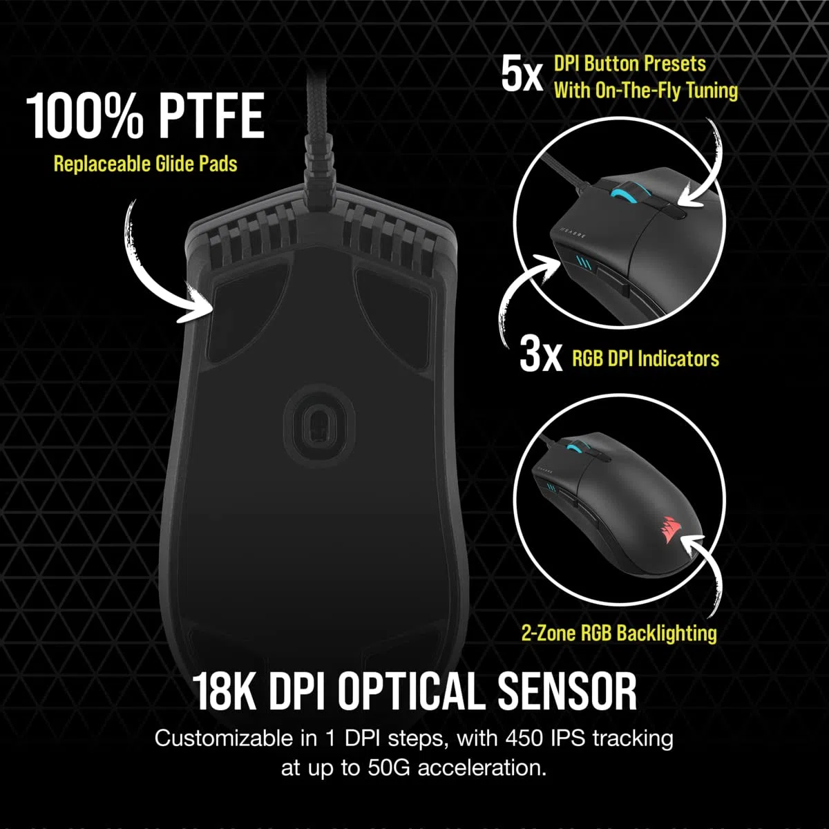 Corsair SABRE RGB PRO CHAMPION SERIES Mouse Gaming Ergonomico Leggero 74 g Cavo Paracord QUICKSTRIKE Nero
