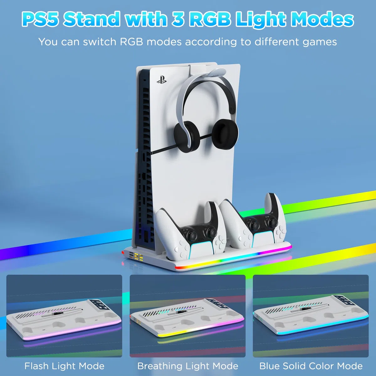 PS5/PS5 Slim Verticale Supporto di Raffreddamento, Stazione di raffreddamento per PS5/PS5 Slim con 3 Velocità, Ganci per Cuffie Stazione di Ricarica Doppio Controller, per Disc/Digital Edition