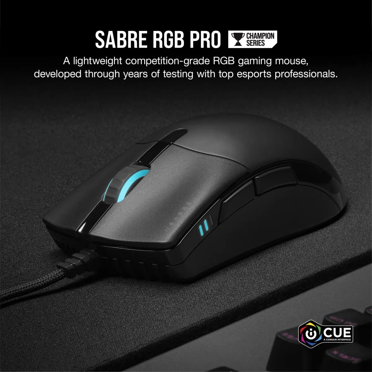 Corsair SABRE RGB PRO CHAMPION SERIES Mouse Gaming Ergonomico Leggero 74 g Cavo Paracord QUICKSTRIKE Nero