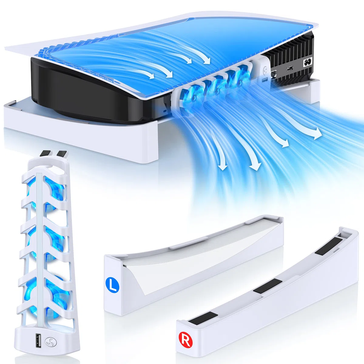 ALEEMTRY Supporto PS5, Base PS5 Orizzontale con Ventola/Luce LED/3 Ventole di Raffreddamento in 1/Cuscinetti in Gomma Antiscivolo, Supporto PS5 per Disco e Console per Edizione Digitale