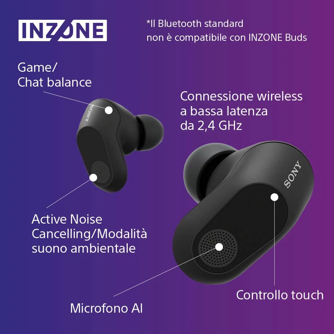 Sony Inzone Buds Auricolari da Gioco True Wireless Noise Cancelling Microfono AI Batteria 24 Ore Dongle Bassa Latenza Nero