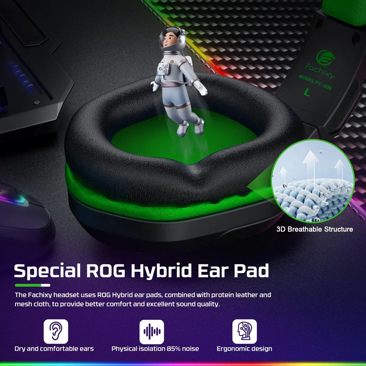 Fachixy FC-200 Cuffie da gioco pieghevoli con microfono ENC, 3,5 mm, RGB Nero Verde