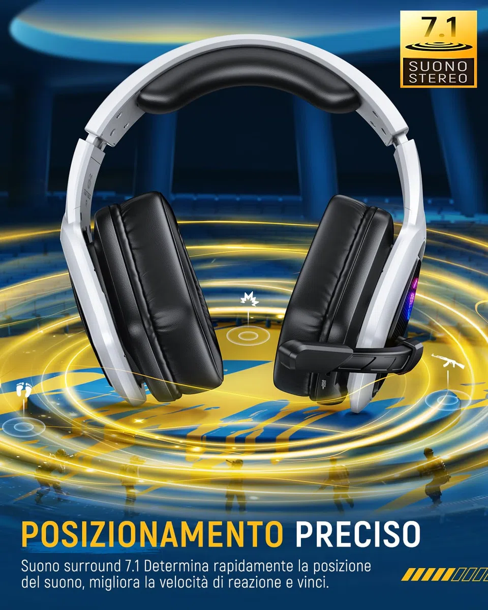 Tatybo Cuffie Gaming Wireless PS5 PS4 Bluetooth 2.4 GHz USB Type-C Microfono 7.1 Batteria 40 Ore PC Mac Laptop Mobile Switch Nero-Bianco