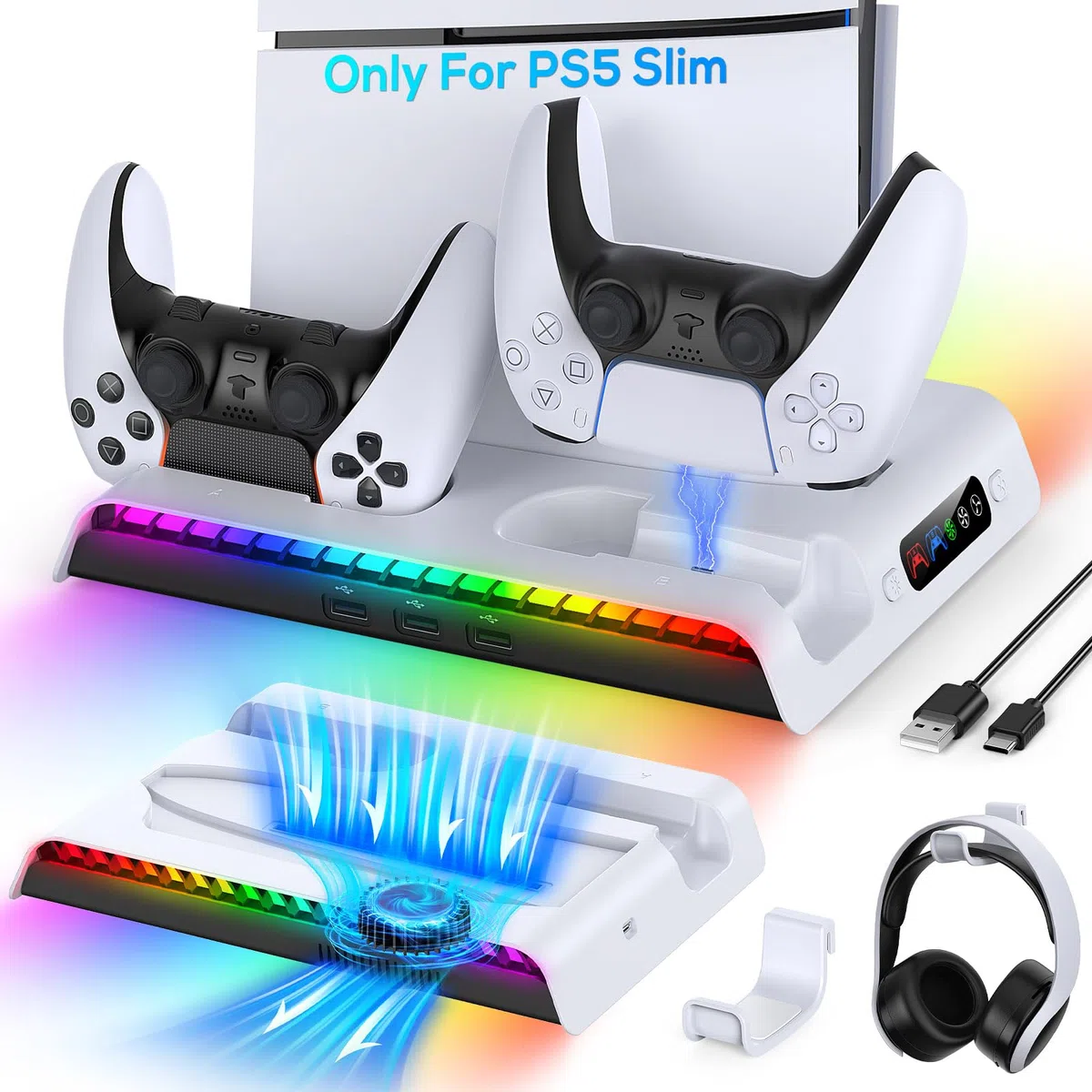FYOUNG Supporto verticale per console PS5 Slim con ventola e controller di ricarica, supporto di raffreddamento multifunzione per PlayStation 5 Slim Accessori con luce 9RGB (solo per PS5 Slim)