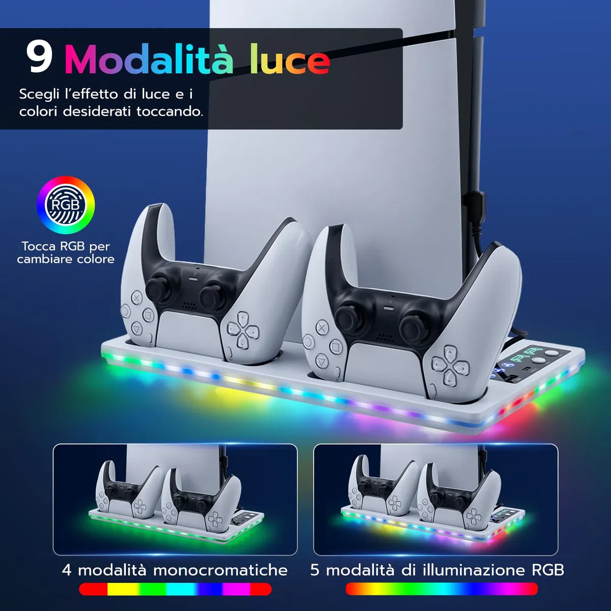 Verticale Supporto con Raffreddamento e Ricarica per PS5/PS5 Pro/PS5 Slim, Ventola 3 Livelli RGB