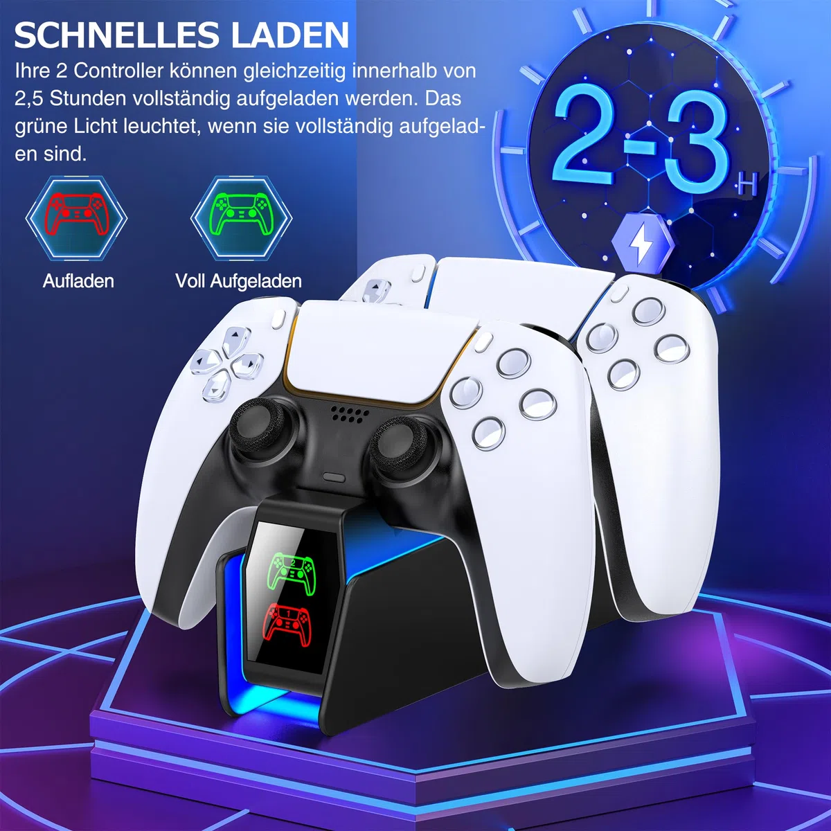 PS5 - Stazione di ricarica per controller PS5 Dual PS5 con luce RGB, stazione di ricarica PS5 con ricarica rapida da 2 ore, stazione di ricarica PS5 per controller PS5 e controller Edge (nero)