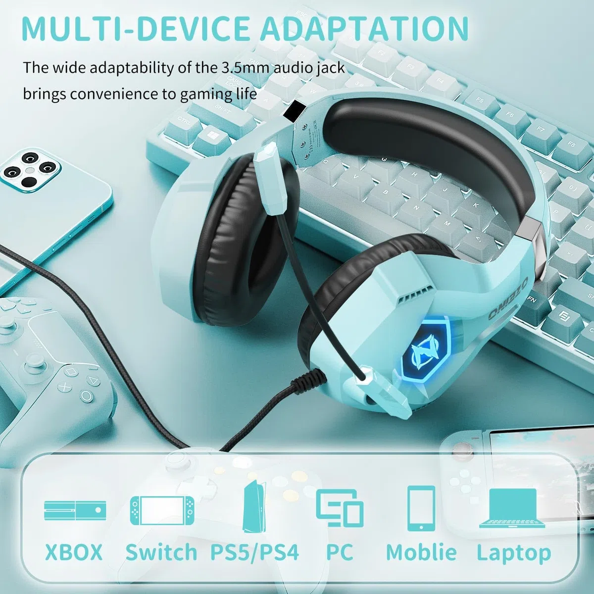 Cuffie da gaming Ozeino con microfono suono stereo illuminazione RGB per PS5 PS4 Xbox One PC Switch celeste