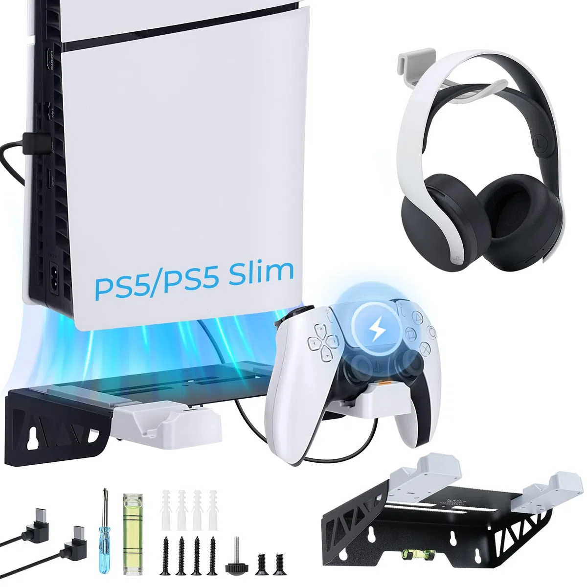 Supporto da Parete per PS5/PS5 Slim con Stazione, PS5/PS5 Slim Supporto Parete con Cavo di Ricarica Supporto per PS5 Muro per Playstation 5/PS5 Slim Digital/Disc Console con Supporto per Cuffia