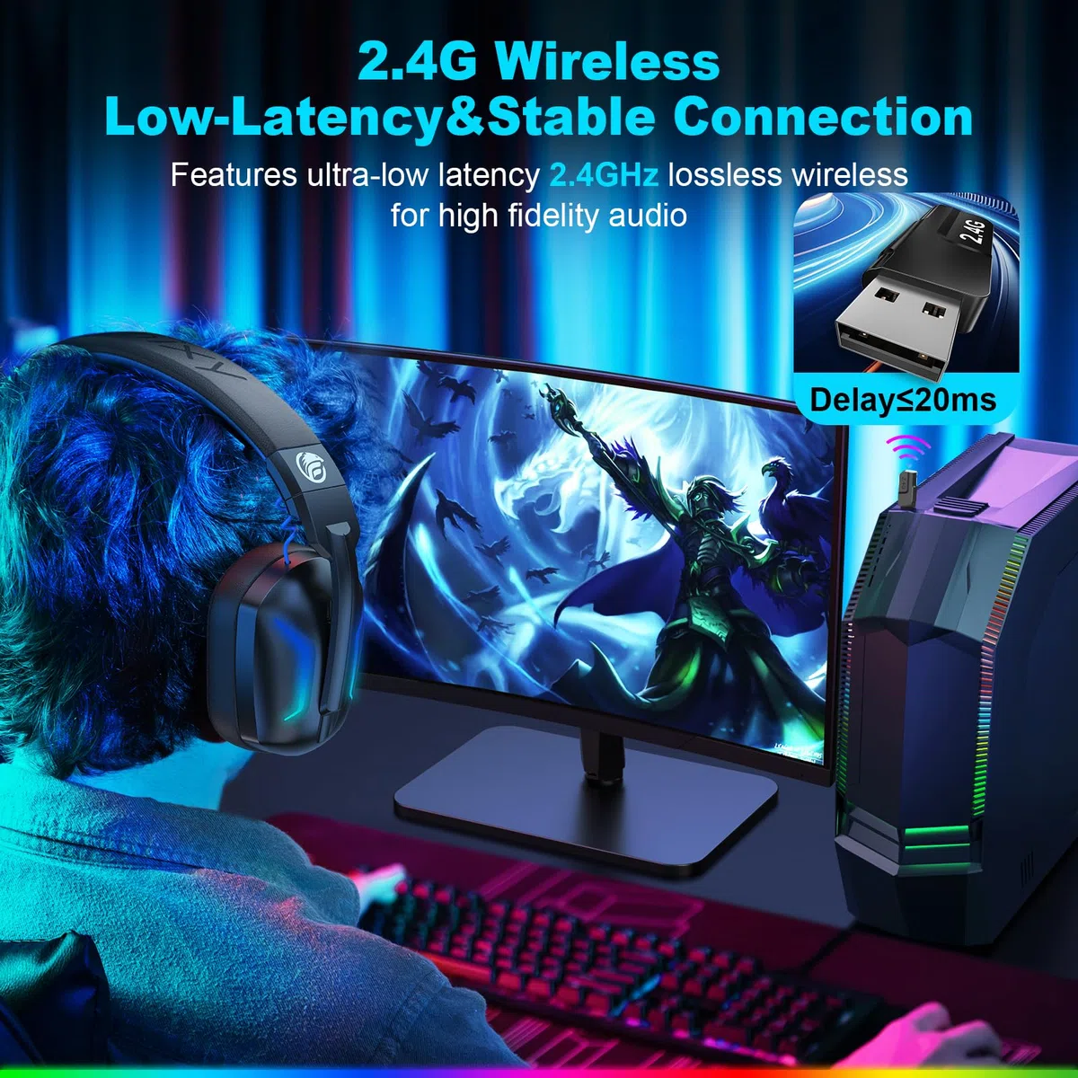Fachixy FC300 Cuffie Gaming Wireless Per PC, PS5, PS4, Mac - 2,4 GHz e Bluetooth senza perdite - 50 ore di batteria, driver da 50 mm, luci RGB, audio spaziale, Blu