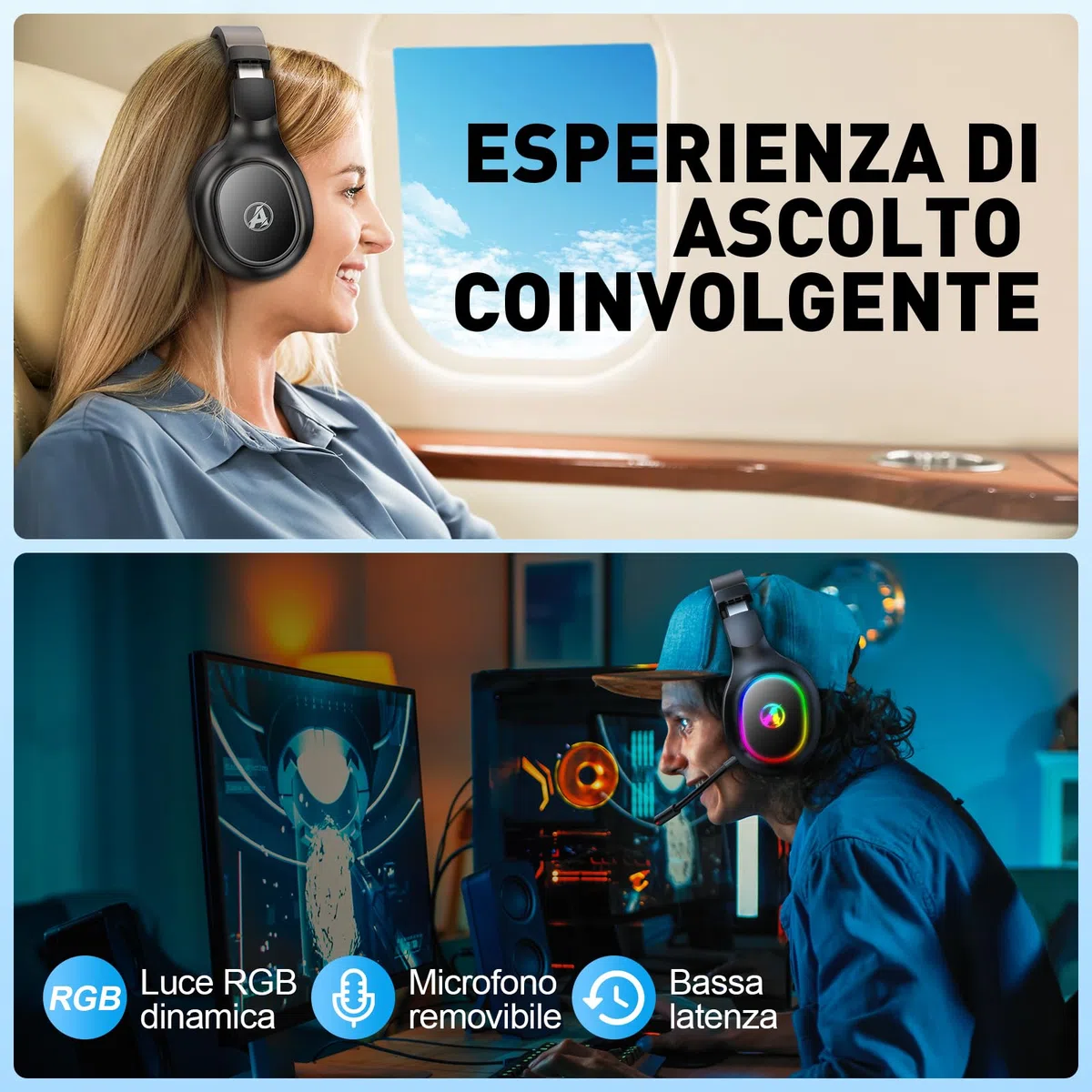 Cuffie Gaming Wireless con Microfono per PS4, PS5, PC, Mac, Switch, Cuffie da gioco con Cancellazione del Rumore con Luce RGB, 2,4 GHz, Suono Stereo 7.1, Cuffie Bluetooth Nero