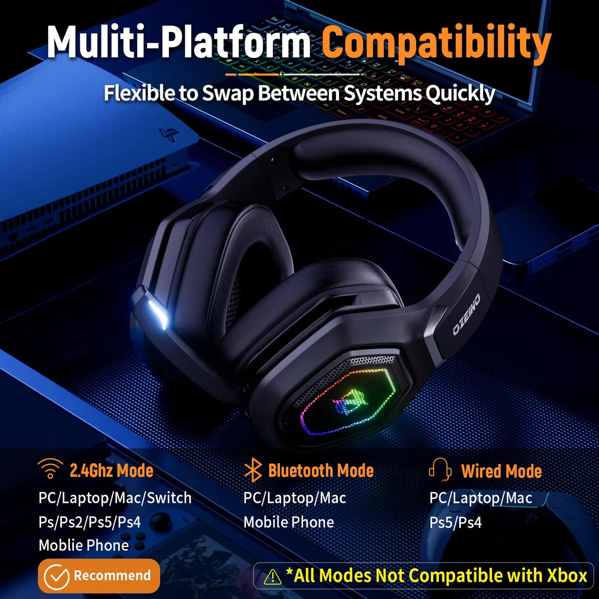 Ozeino Cuffie da gioco wireless con microfono 2,4 G Tipo C RGB per PS5 PS4 PC