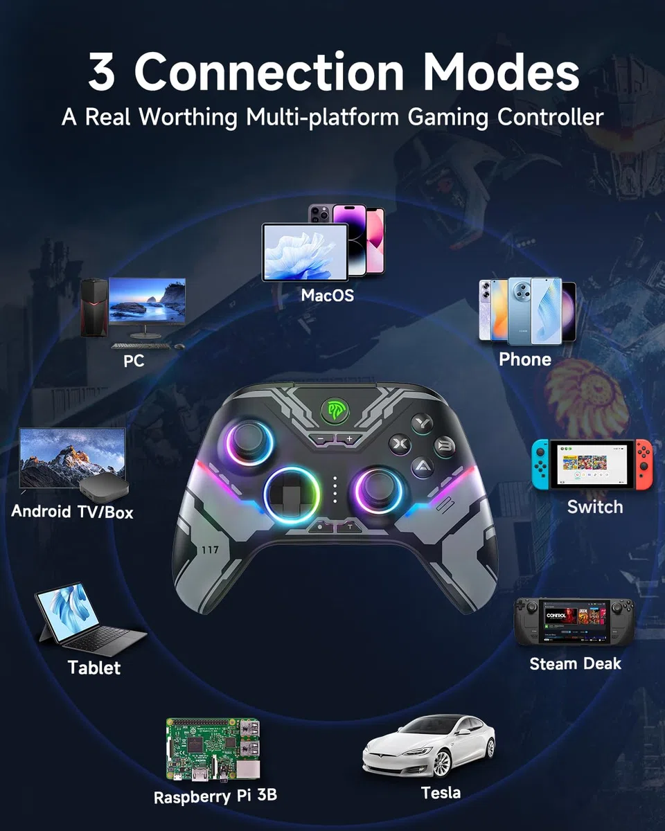 EasySMX X15 Wireless Controller con 7 Luci RGB, Joystick Hall, Trigger Hall, Pulsanti Programmabili per PC/Switch/Telefono/Tablet - Nero
