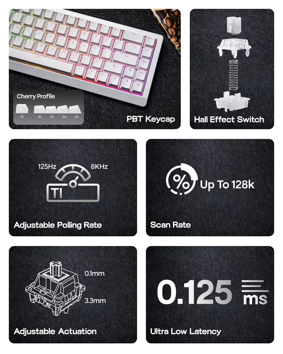 EPOMAKER HE68 Lite Tastiera da Gioco Effetto Hall 8k Polling 128K Scan Rate 0.01mm Trigger Wired Bianco