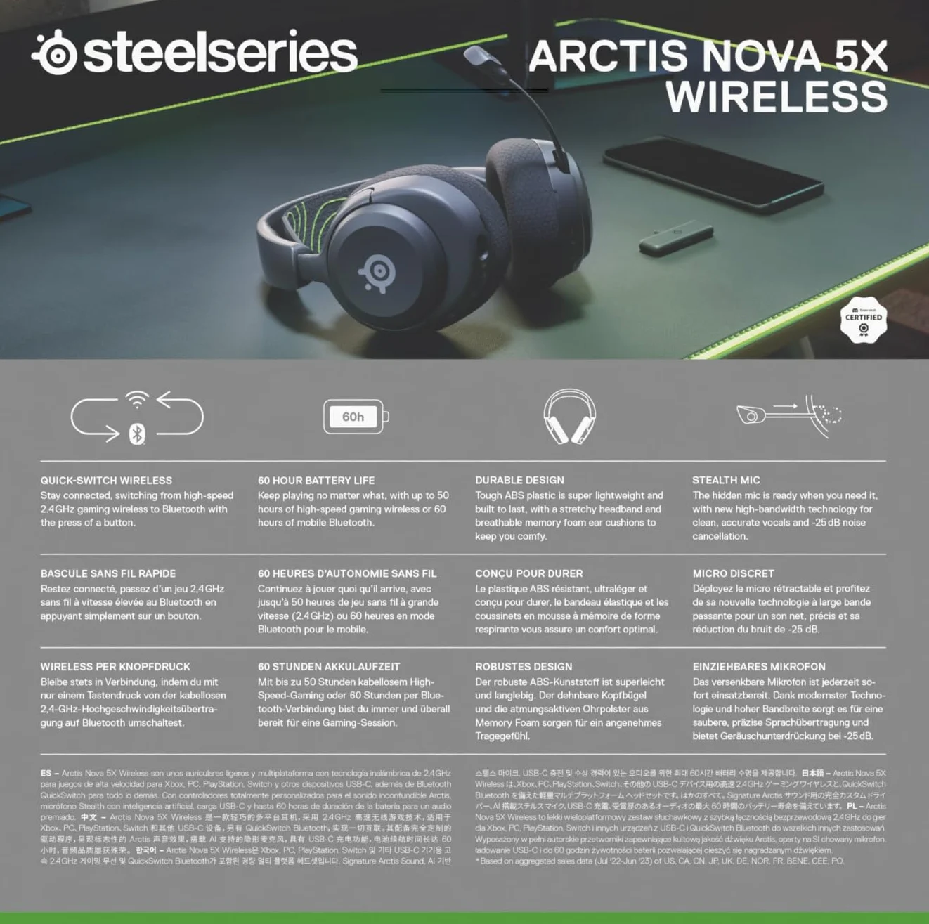 SteelSeries Arctis Nova 5X Cuffie Xbox Wireless Driver Magnetici Neodimio 100+ Preset Audio Batteria 60HR 2.4GHz BT Microfono ClearCast Gen2.X Xbox PS5 PC Cellulare