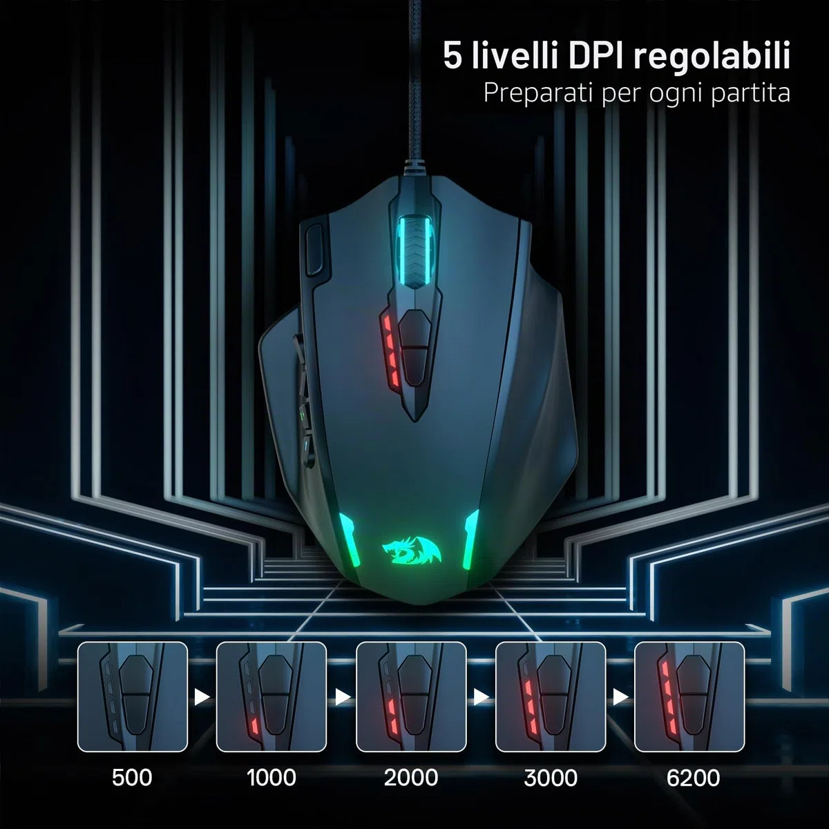 Redragon M908 Impact RGB LED MMO Mouse ottico da gioco cablato 12400 DPI 20 pulsanti programmabili