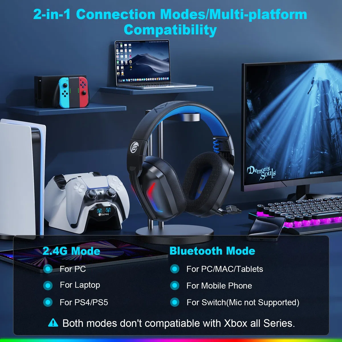 Fachixy FC300 Cuffie Gaming Wireless Per PC, PS5, PS4, Mac - 2,4 GHz e Bluetooth senza perdite - 50 ore di batteria, driver da 50 mm, luci RGB, audio spaziale, Blu