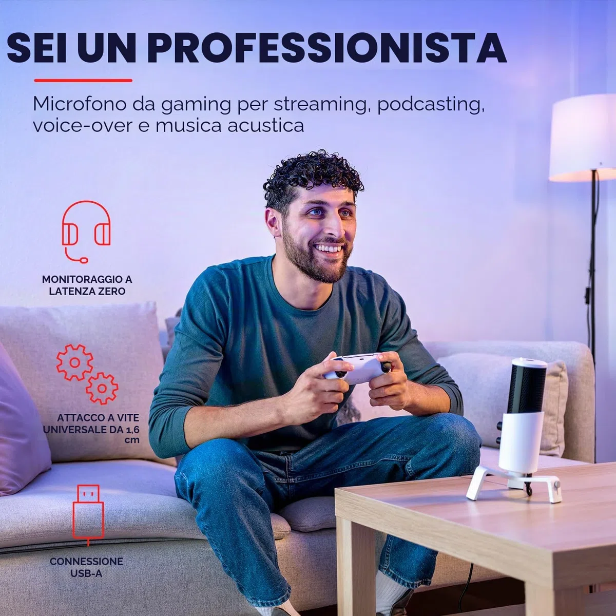 Trust Gaming GXT 258 Fyru Microfono PC Professionale, 4 Pattern Di Registrazione, Illuminazione LED, Microfono USB Per Computer PS4 PS5 Streaming Twitch YouTube Discord Canto ASMR Podcasting, Bianco