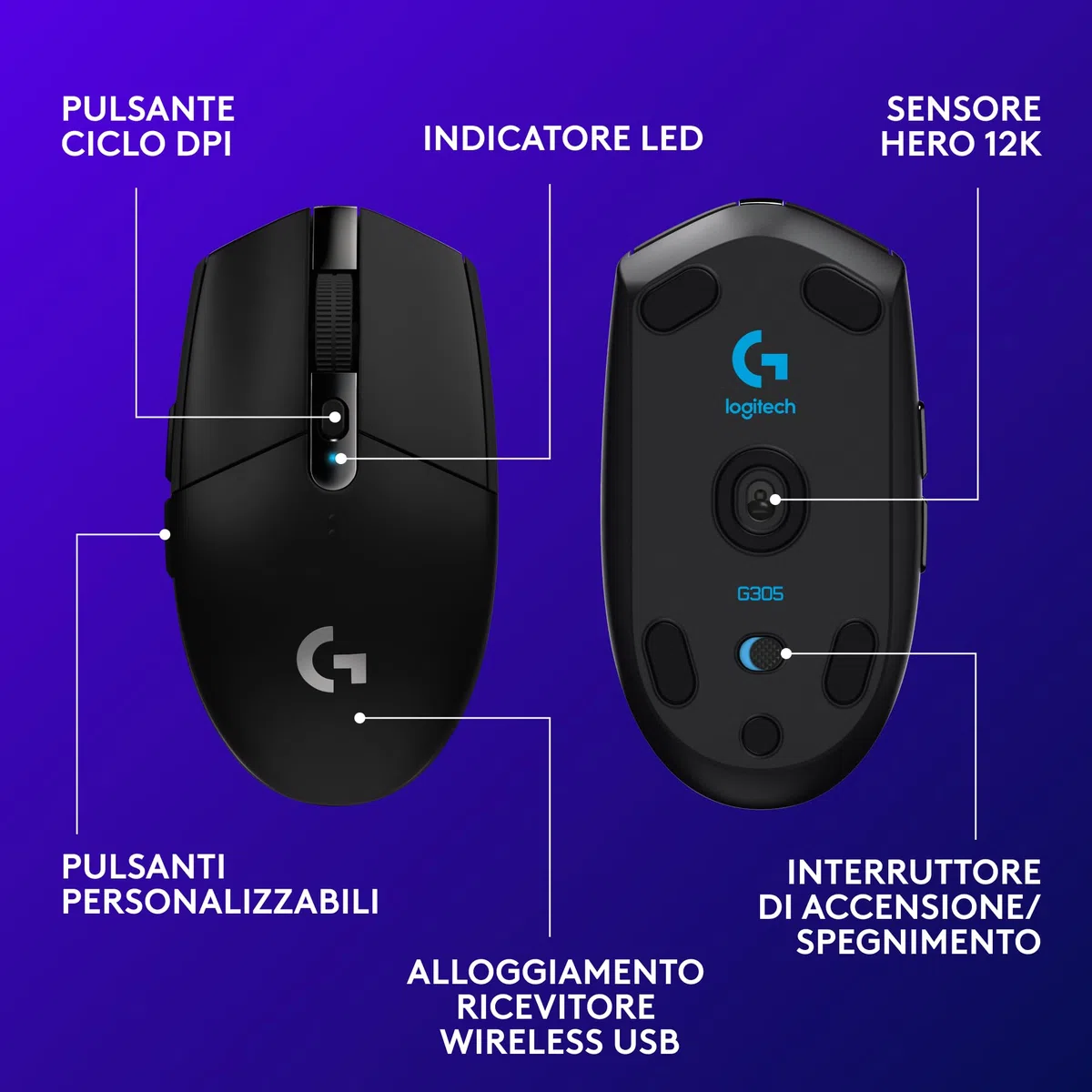 Logitech G G305 LIGHTSPEED Wireless Gaming Mouse, 12K HERO Sensor, 12000 DPI, 6 Programmable Buttons, 250h Battery, Black