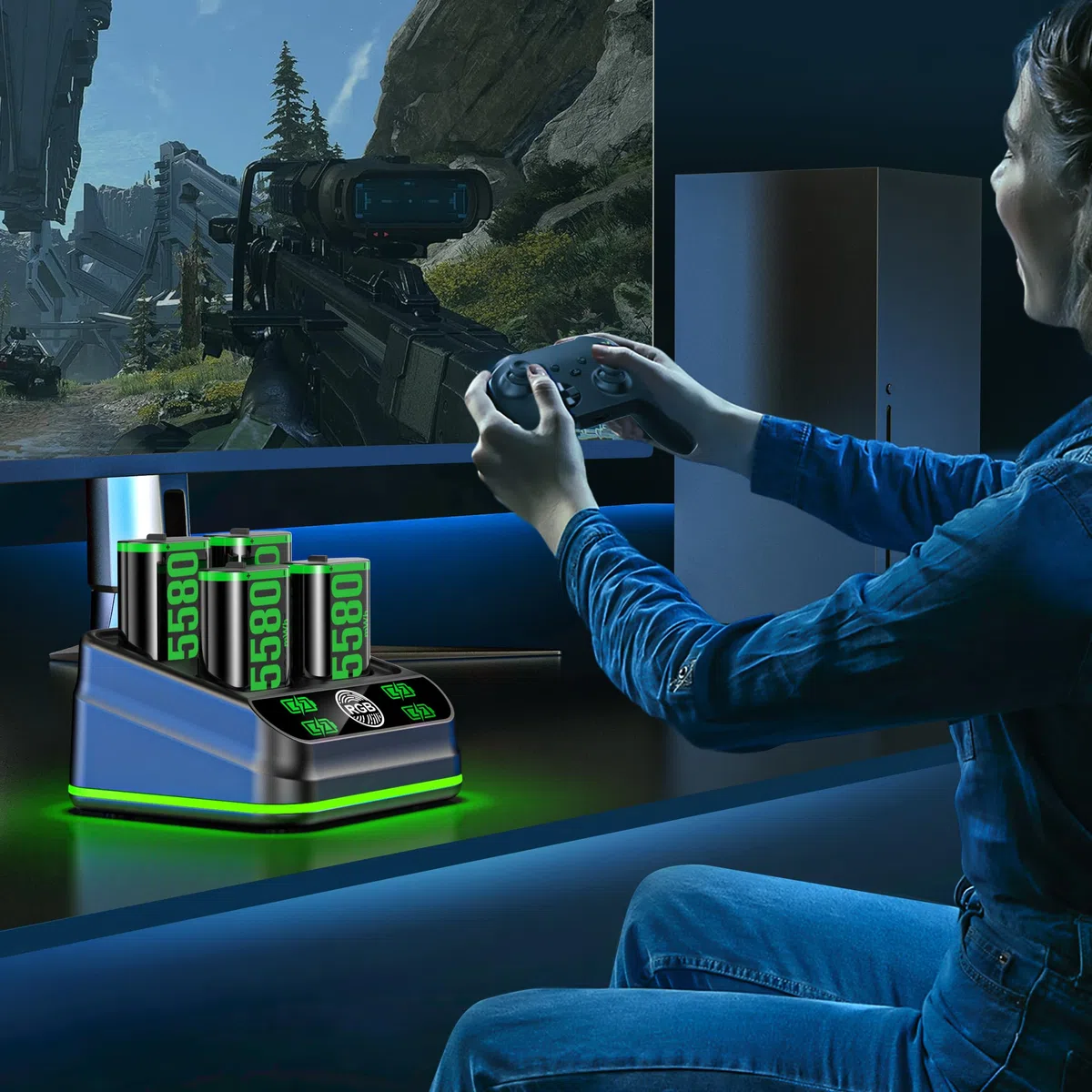 Batteria Ricaricabile per Controller Xbox 5580mWh con Caricabatterie 9 Modalità Illuminazione, Accessori Xbox