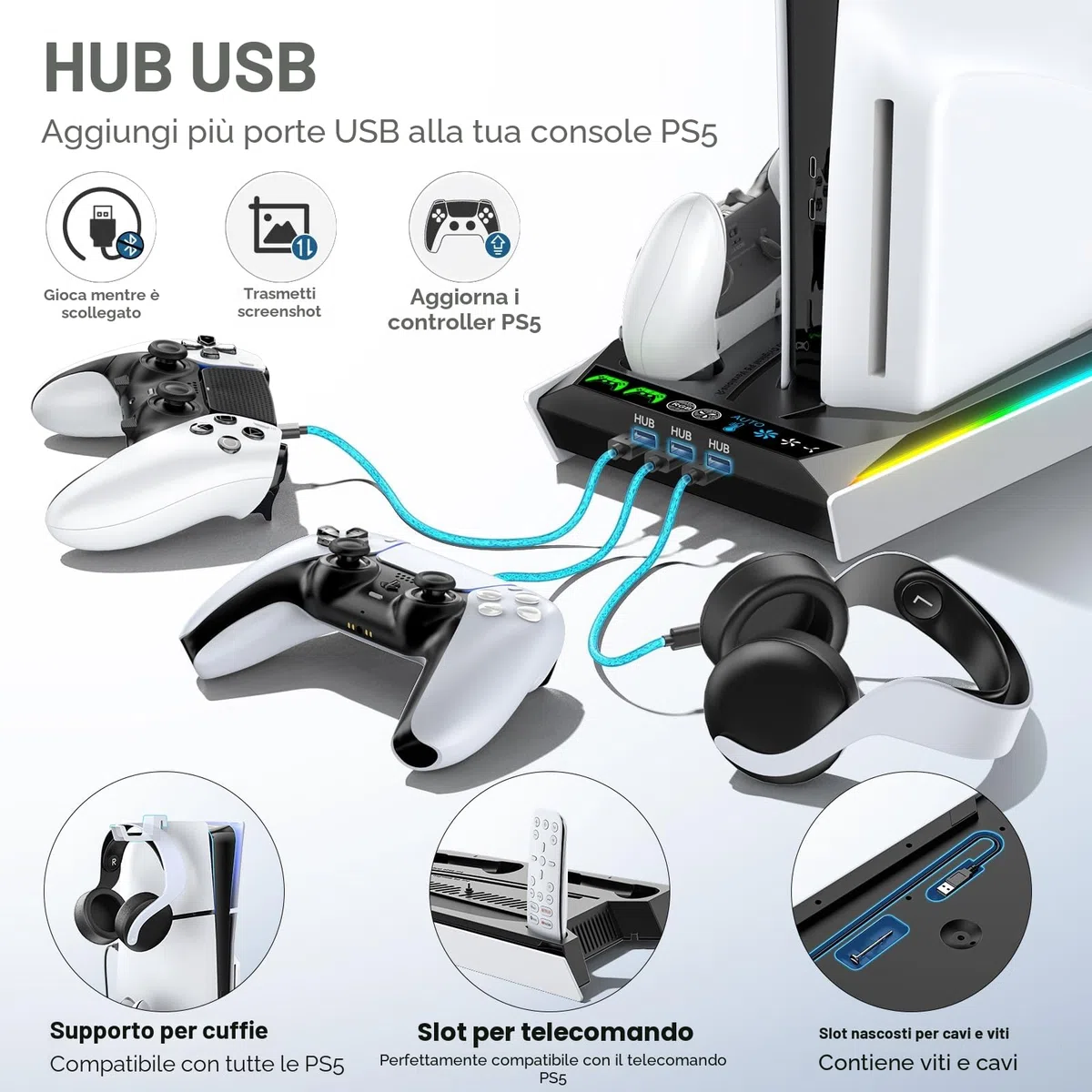 Supporto PS5 Slim Pro Console Disco Digitale Base Raffreddamento Ricarica Illuminazione RGB Caricatore Controller Ventola 3 Livelli Accessori