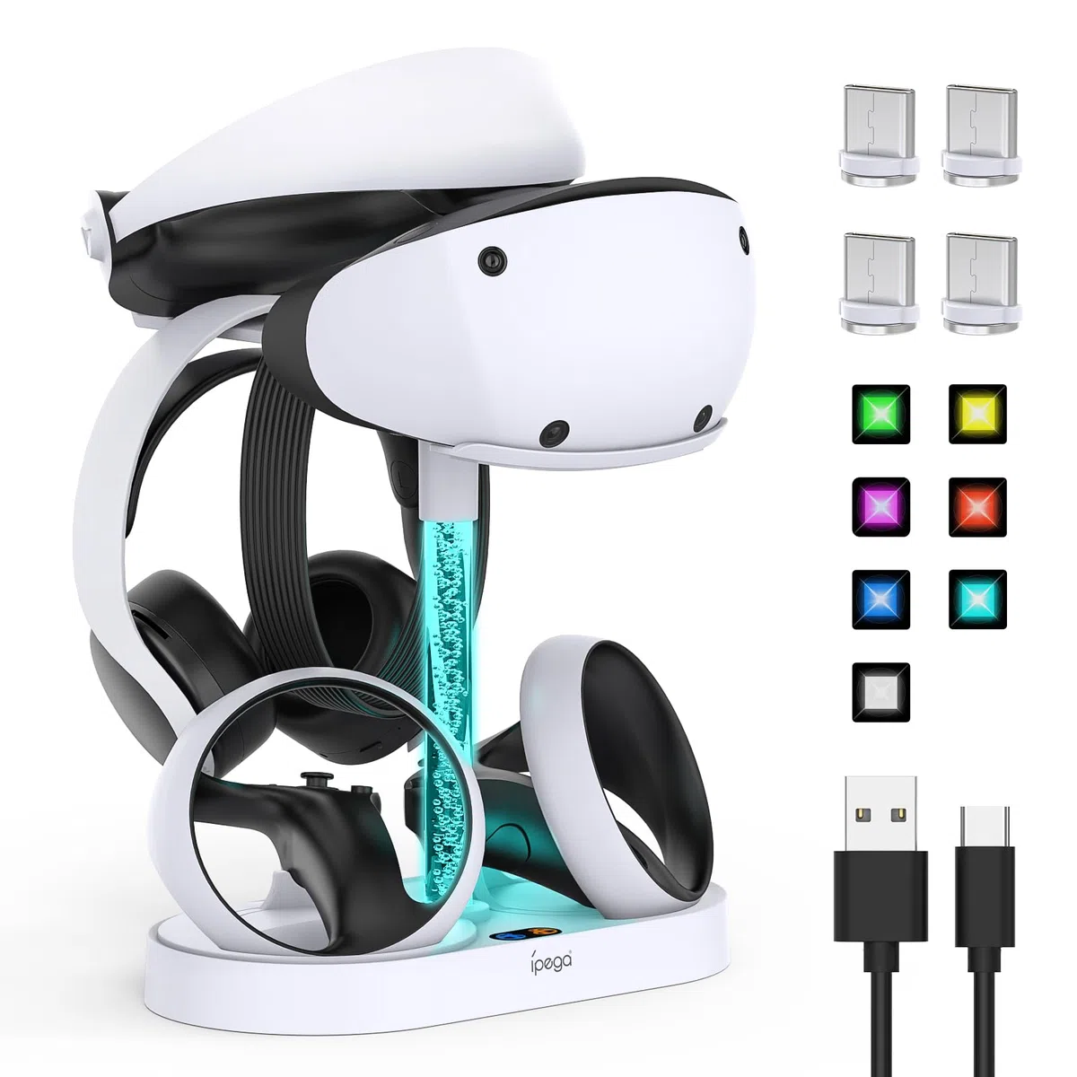 FASTSNAIL Stazione di ricarica per PSVR2, supporto LED per cuffie PS5 VR e controller Sense con 10 luci RGB, accessori compatibili con Playstation VR2