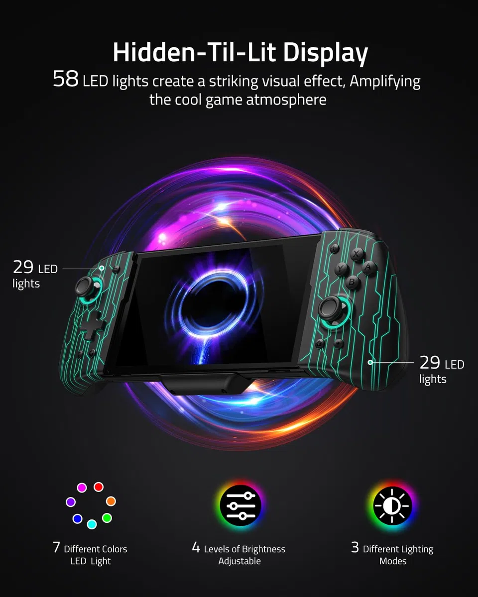 PALPOW Controller Switch luminoso – Compatibile con Nintendo Switch/OLED, design Luminpad ergonomico, Joypad monoblocco, RGB, Turbo, Mapping – Nero Meccanico Cyber