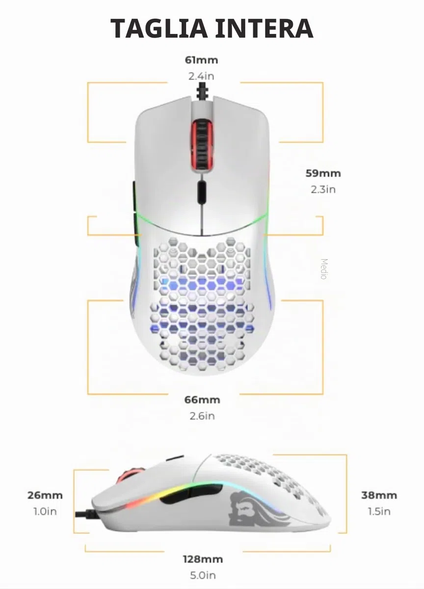 Glorious Model O Gaming Mouse Wired 67g PixArt 3360 RGB Omron Switches Bianco Opaco