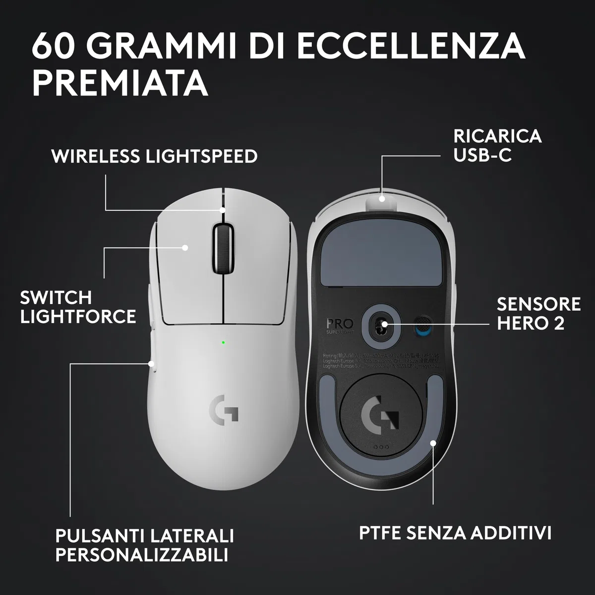 Logitech G PRO X SUPERLIGHT 2 LIGHTSPEED gaming mouse wireless 60g HERO 2 44K DPI USB-C Bianco