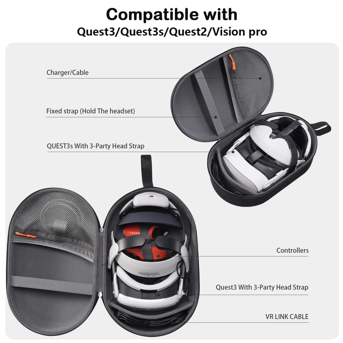 ProCase Custodia per Meta Quest 3S/Oculus Quest 3/Quest 2/Pico 4/Vision Pro/BOBOVR, Borsa Rigida Protettiva per Cinturino Elite con Batteria, Controller e Accessori (Solo Custodia)-Nero