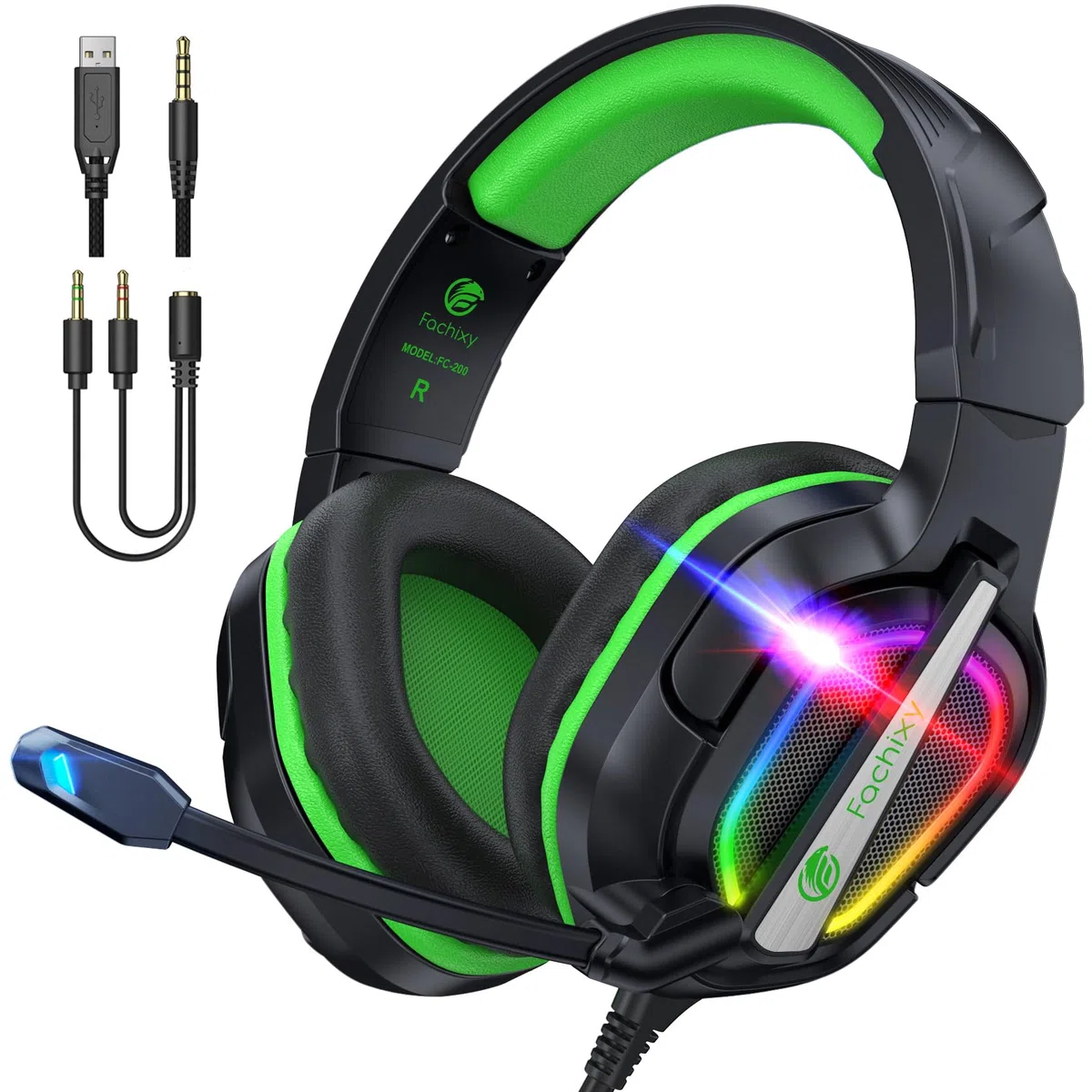 Fachixy FC-200 Cuffie da gioco pieghevoli con microfono ENC, 3,5 mm, RGB Nero Verde
