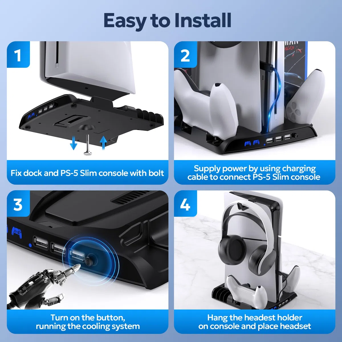 innoAura Supporto di raffreddamento sottile con 2 ventole di raffreddamento e stazione di ricarica per PS-5 Slim Disc e Digital Edition, stazione di raffreddamento PS-5 Slim con 3 porte USB