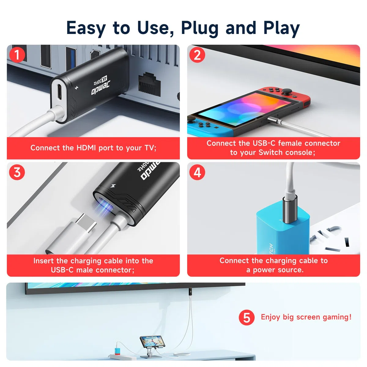 JINGDU USB Type C to HDMI Cavo Adattatore per TV per Switch/OLED only, Cavo di Conversione USB Type C 3 in 1 ad Alta Velocità 4K HDMI, Supporto TV/Steam Deck/Laptop/PC, 2m Bianco e Nero