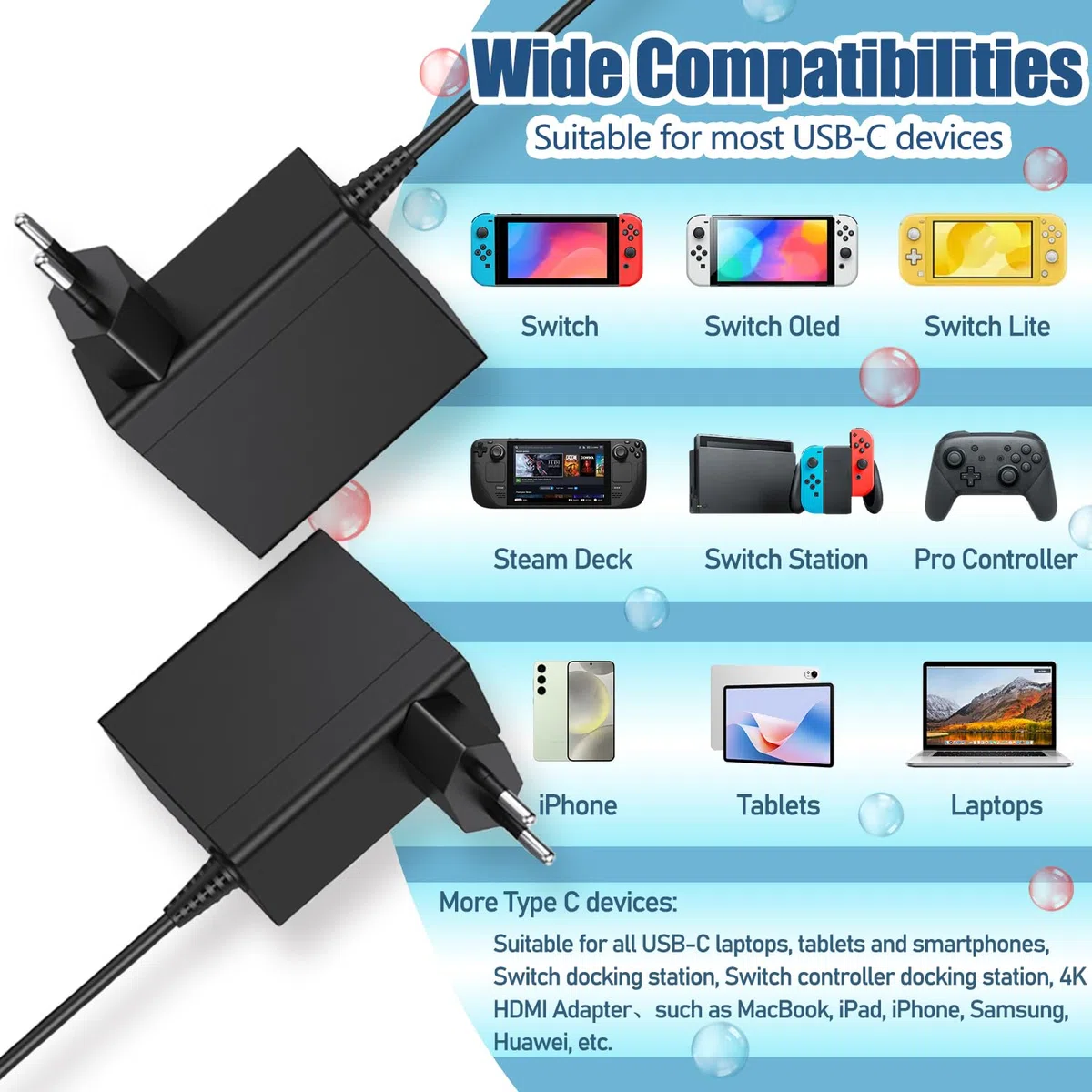 Caricatore per Switch 45W con Cavo 1.5M/5Ft USB Tipo C Carica Rapida