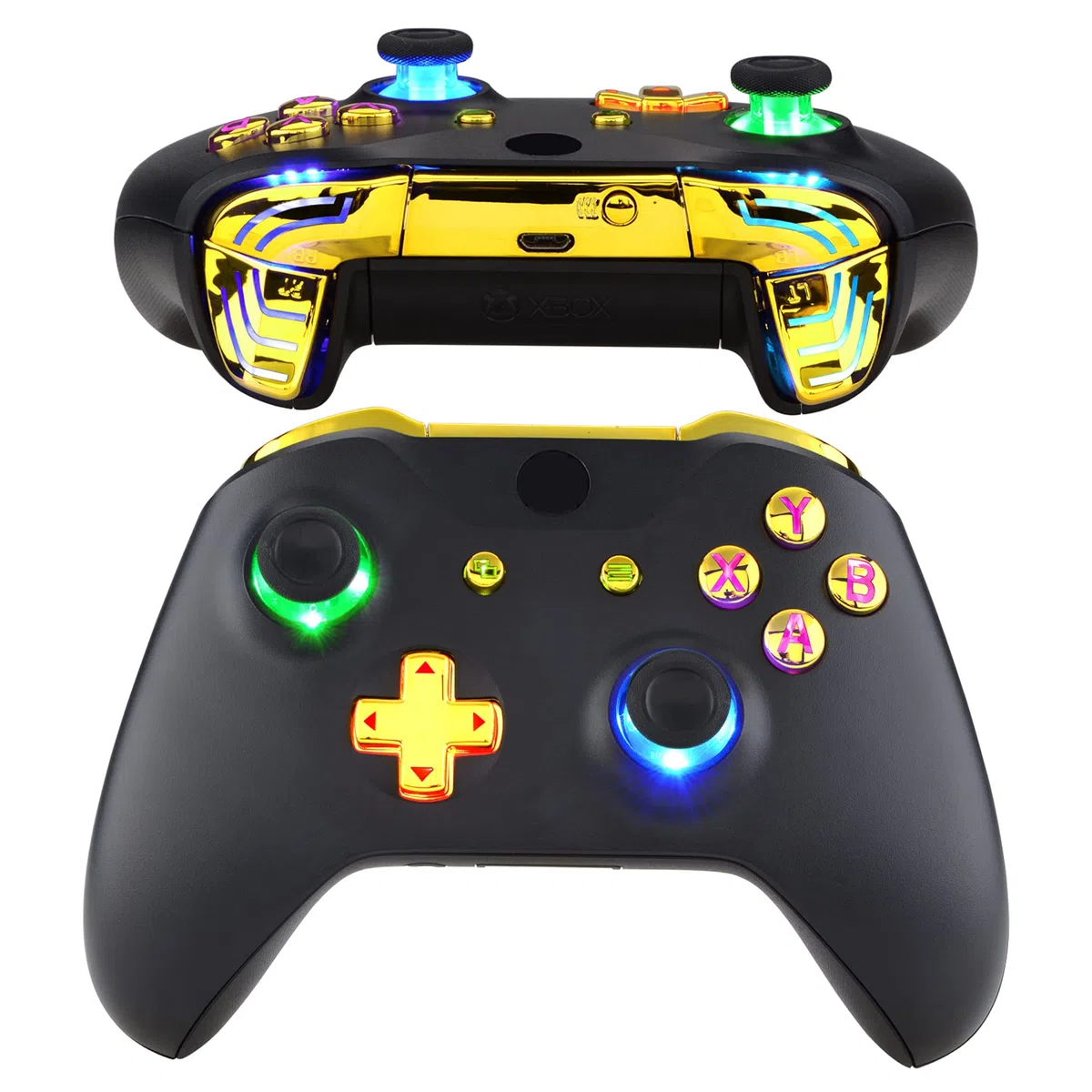 eXtremeRate Multicolori Tasti Luminosi DTFS LED Kit per Xbox One S X Controller Joystick Model 1708 D-pad Levette Analogiche Bumper Trigger Pulsante ABXY(NON Include Controller)-Oro Cromo