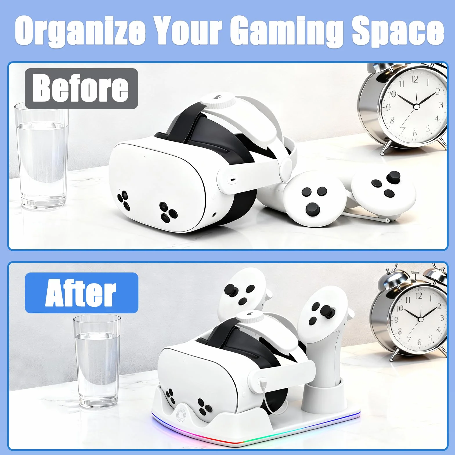 Stazione di Ricarica Compatibile con Meta Quest 2/3/3S, Dock di Ricarica Rapida per Quest 3 con Luci RGB, Caricatore per Cuffie VR, Accessori VR