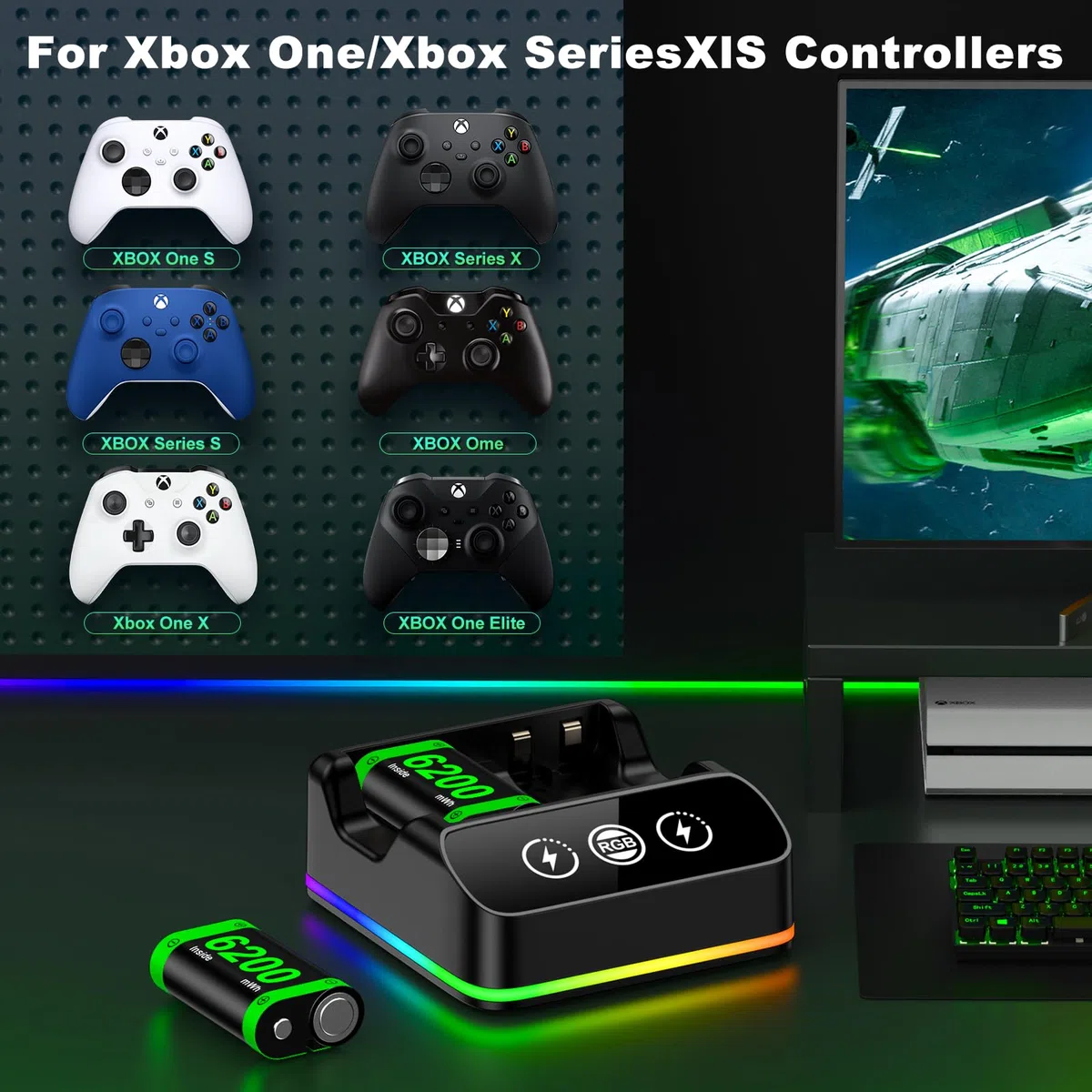 HELLCOOL Batteria per controller Xbox, 2 batterie ricaricabili da 6200 mWh con dock di ricarica Xbox/Cool RGB/cavo di ricarica, caricabatterie per Xbox Series X|S, Xbox One/Elite/S|X