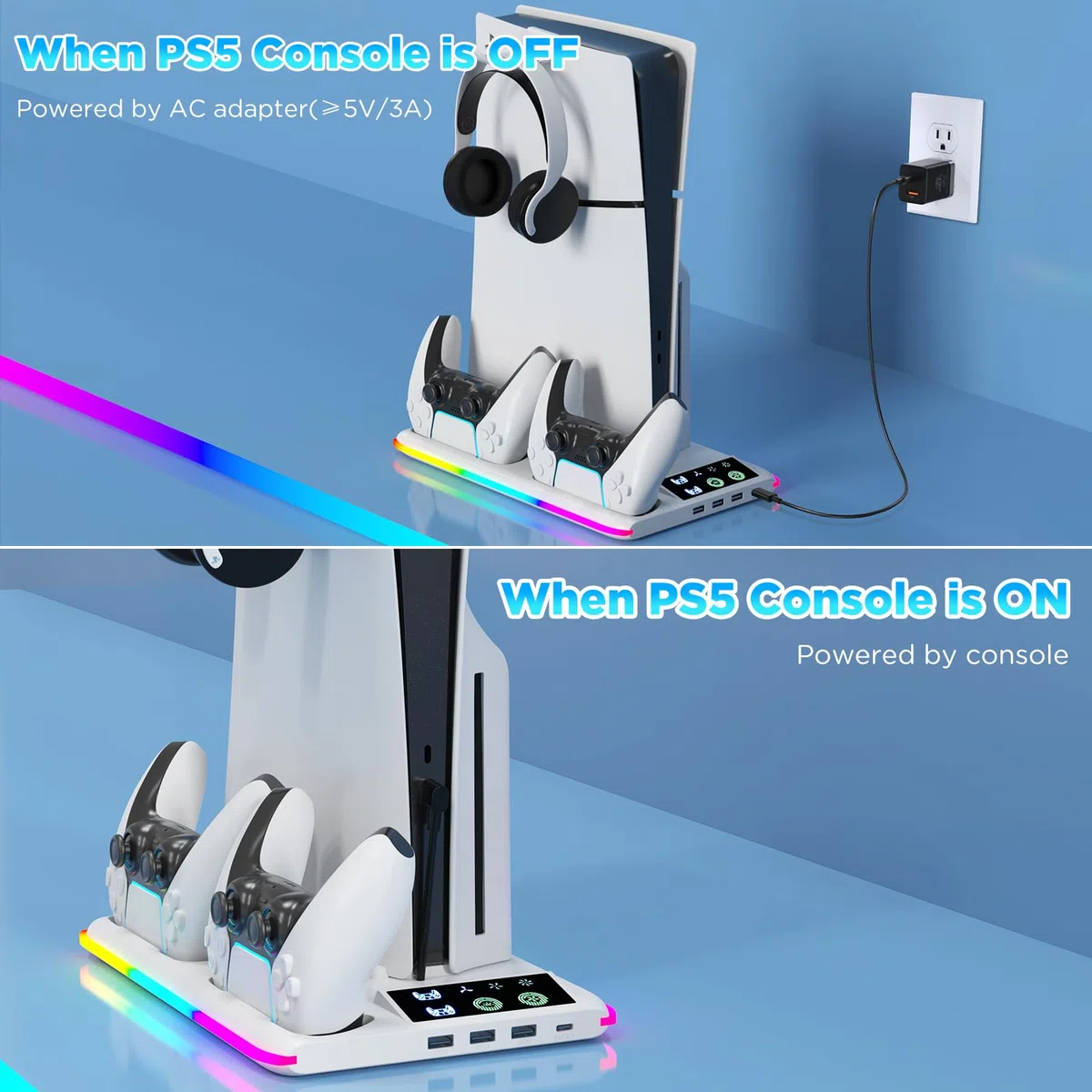 PS5/PS5 Slim Verticale Supporto di Raffreddamento, Stazione di raffreddamento per PS5/PS5 Slim con 3 Velocità, Ganci per Cuffie Stazione di Ricarica Doppio Controller, per Disc/Digital Edition